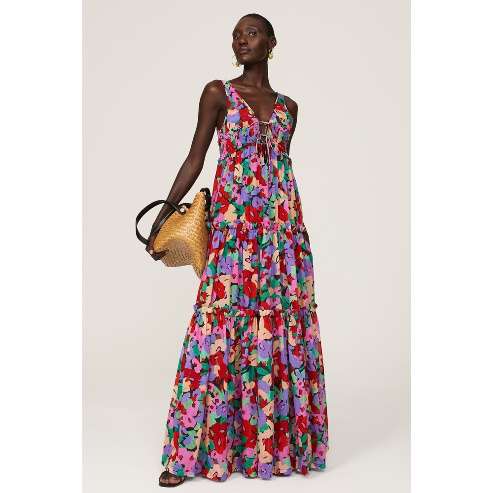 Nicholas Myla Floral Maxi Dress Silk Cotton Tiered Sleeveless Sz 2